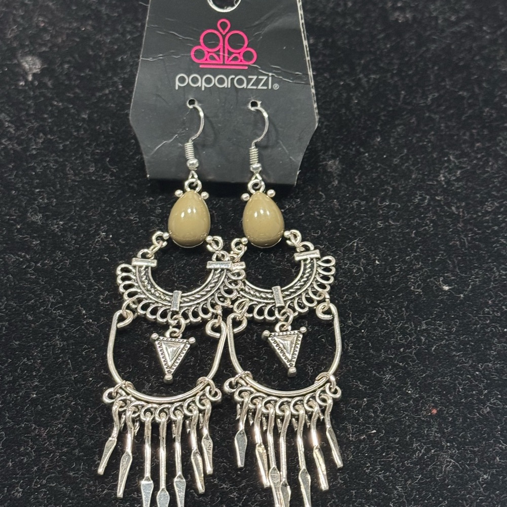 Paparazzi Silver and Tan Dangle Earrings